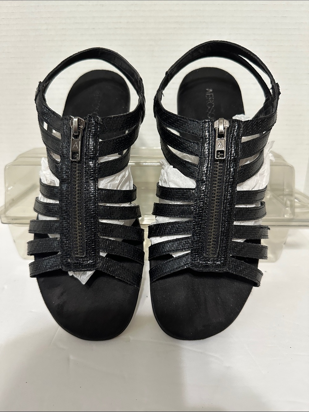 AEROSOLES Black Strappy Front-Zip Slingback Sandals Size 10